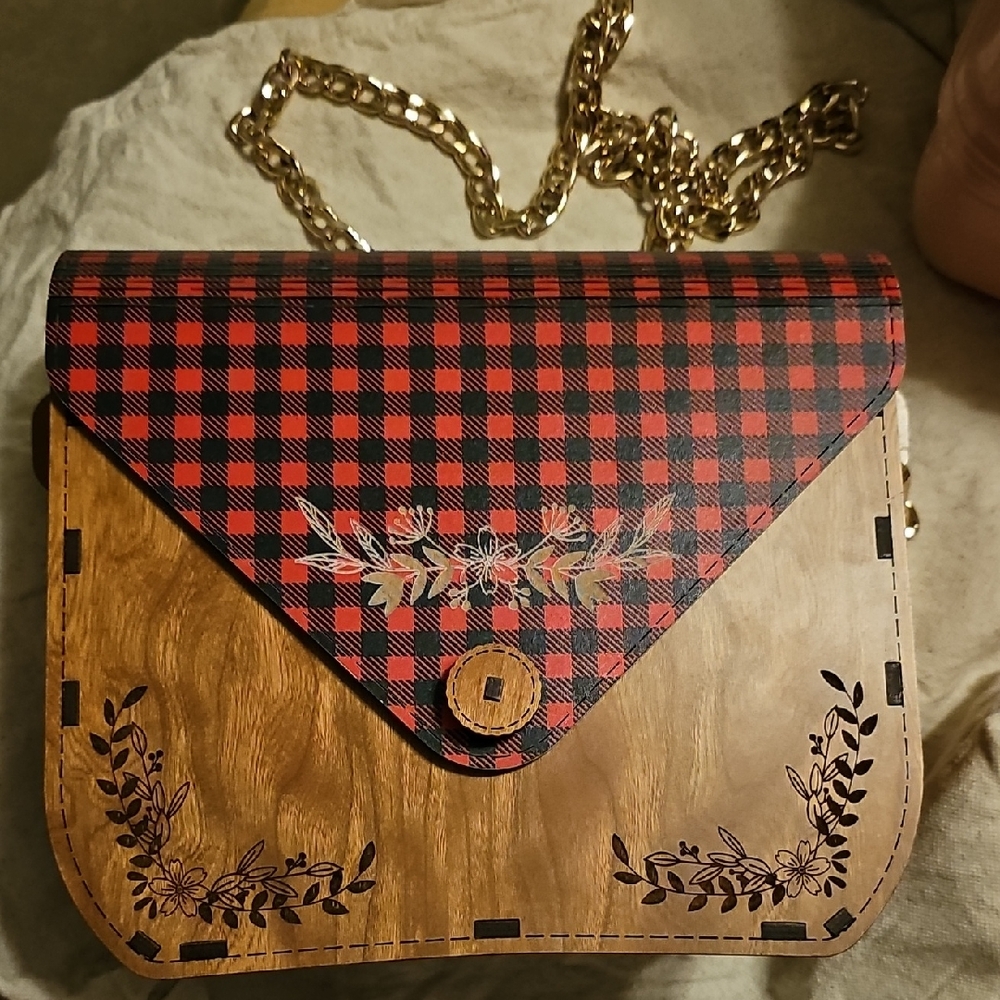 Plaid And Floral Pattern Wood Women's Bag